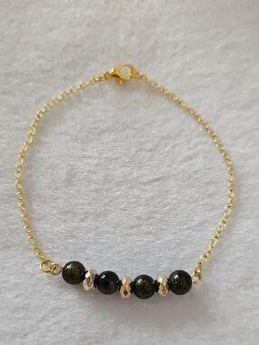 Gold Chain Bracelet with Black Glass Beads